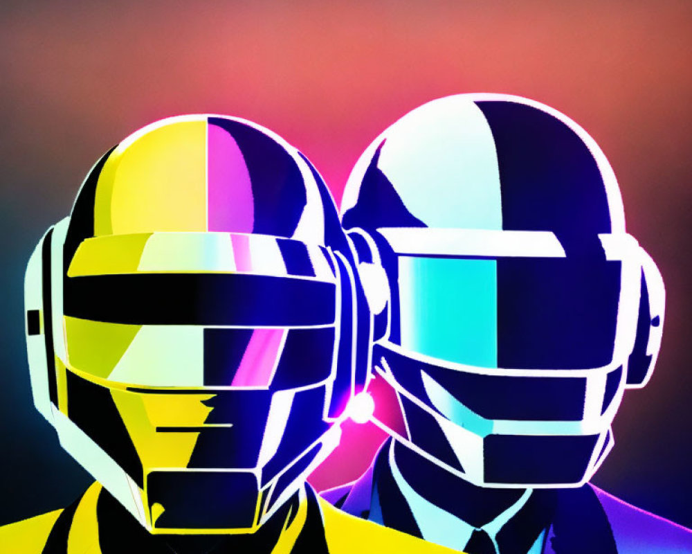 Stylized figures with glowing, helmeted heads on gradient background