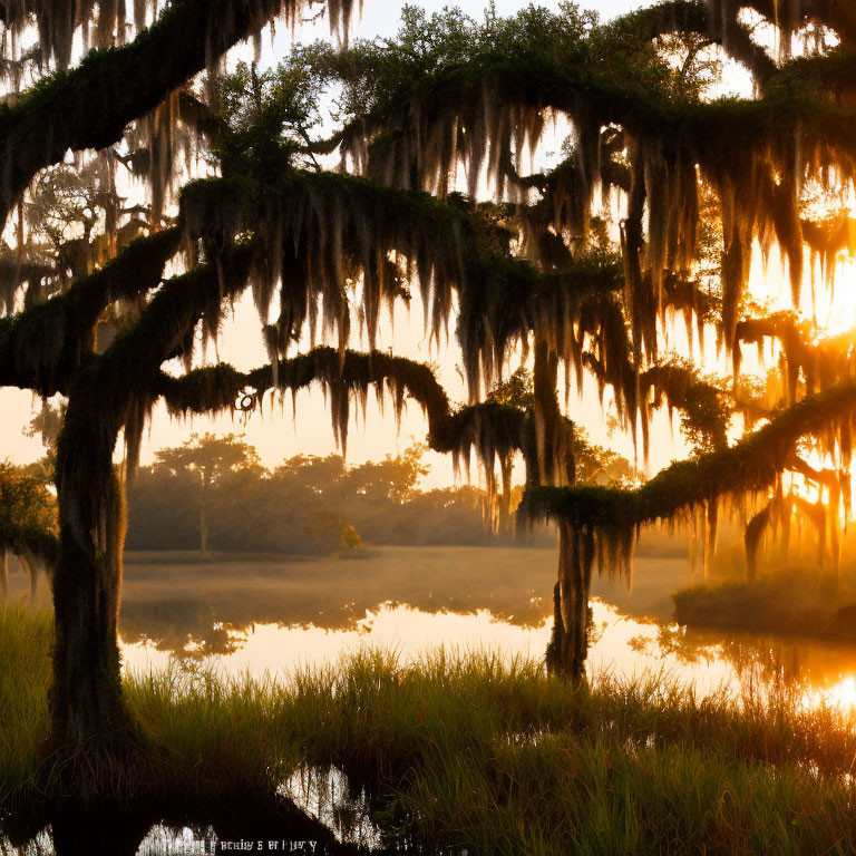 Tranquil Southern landscape: Sunrise over moss-draped oak trees by a serene lake