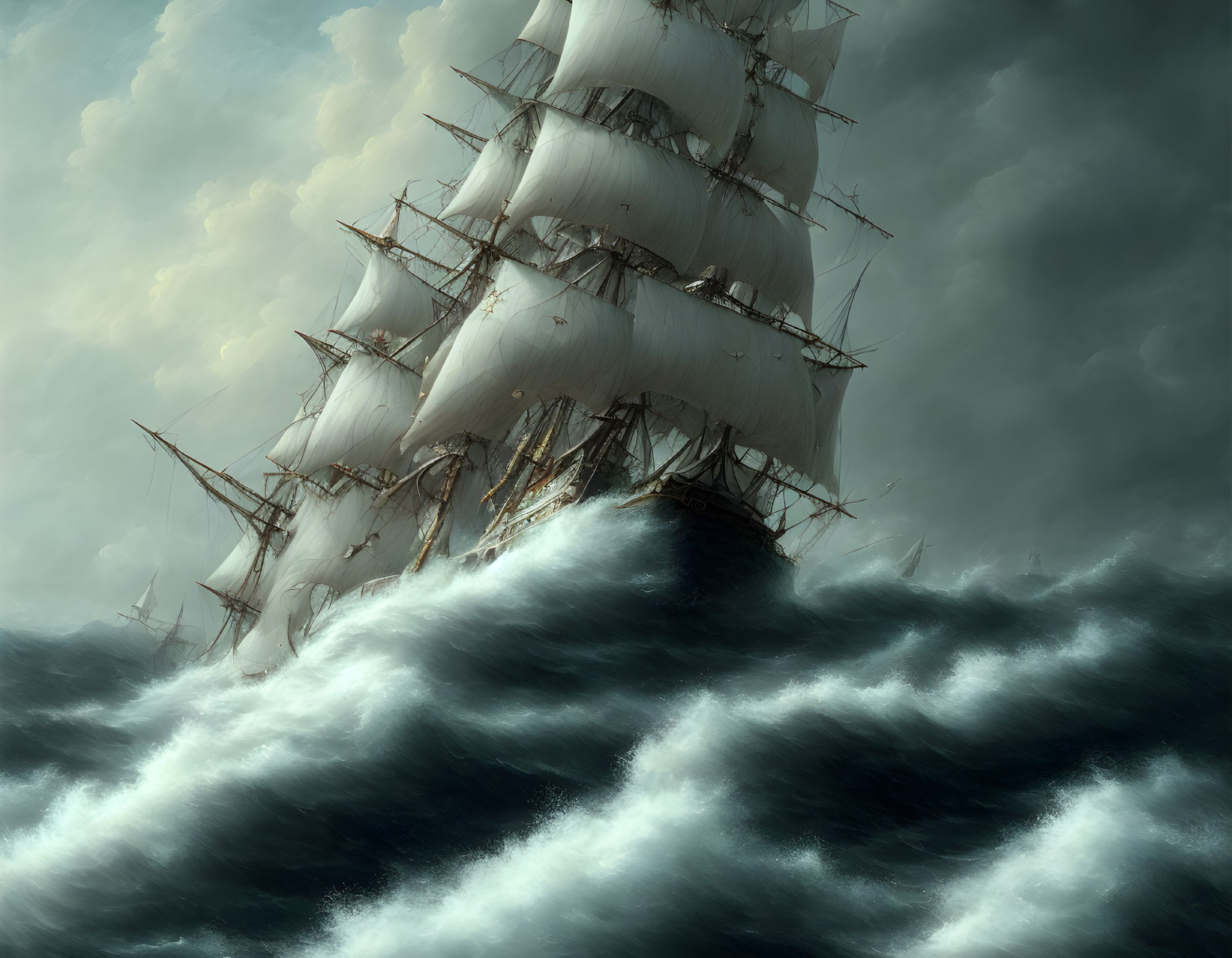 Tall Ship with White Sails Sailing in Tumultuous Seas