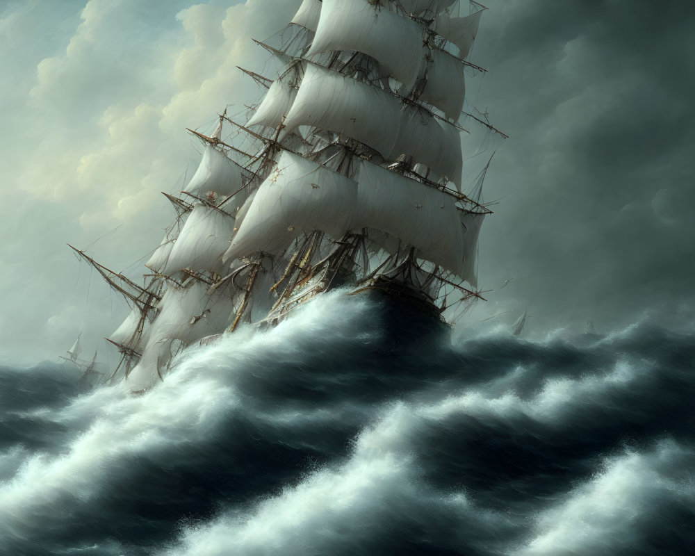 Tall Ship with White Sails Sailing in Tumultuous Seas