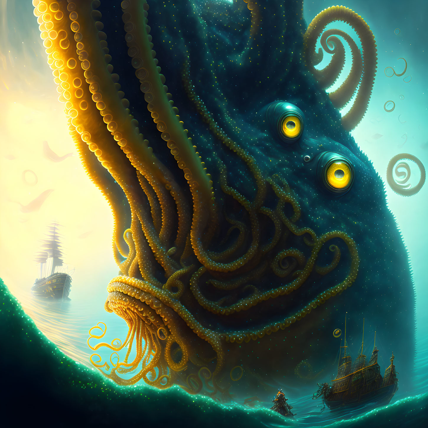 Giant octopus with glowing eyes and twisting tentacles in murky underwater scene