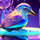 Colorful Crystal Bird Artwork on Purple Background with Glowing Orbs