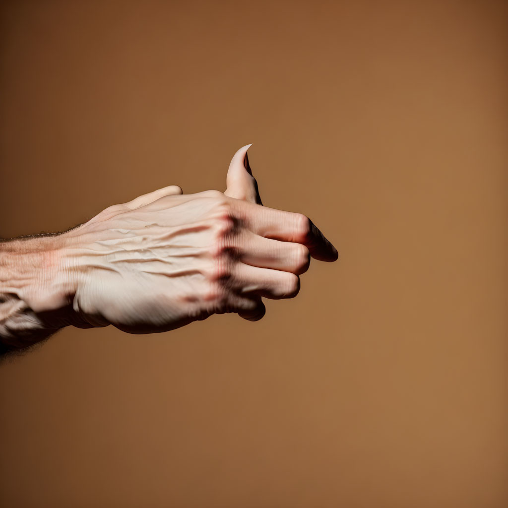 Prominent veined human hand in thumbs-up gesture on brown background