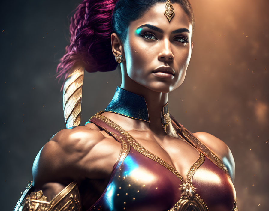 Warrior woman with blue eye makeup in colorful metallic armor