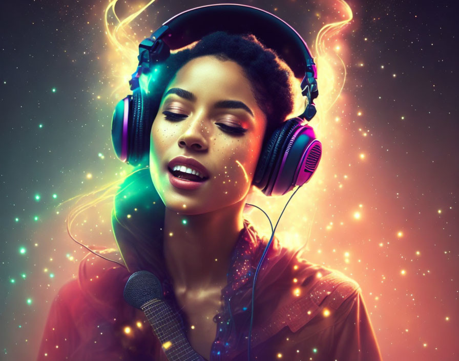 Serene woman with headphones in cosmic glow