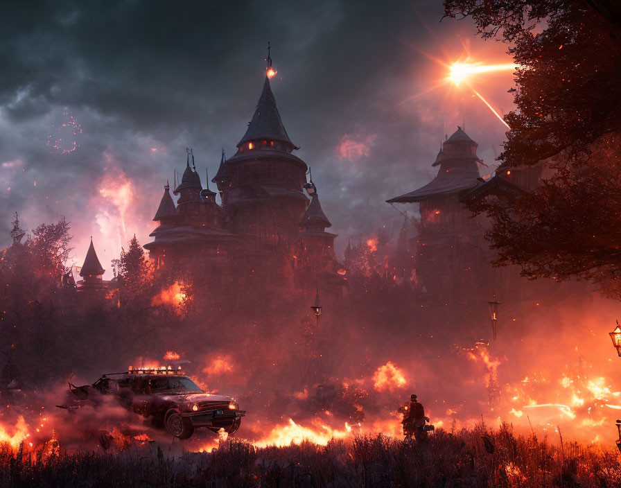 Vintage car fleeing burning castle in fiery landscape at night.