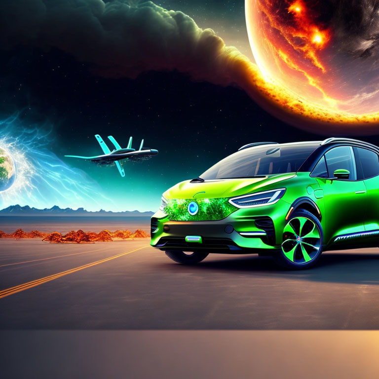 Futuristic green car on desert road with spaceship under alien sky