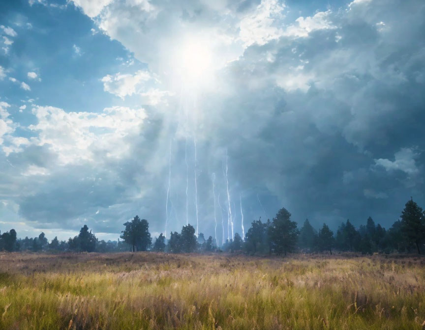 Sunlit cloudy sky with rays over field and trees, lightning strikes in background