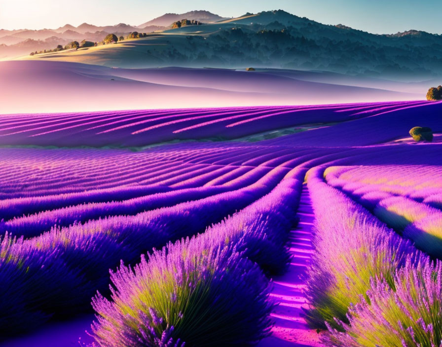 Purple lavender fields at dawn with misty hills in the background