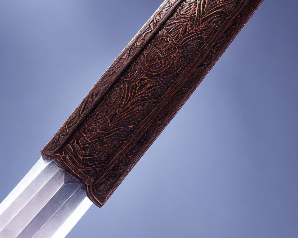 Detailed close-up of ornate sword with embossed leather scabbard on gradient backdrop