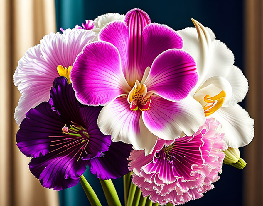 Purple and White Flower Bouquet with Pink Orchid on Dark Blue Background