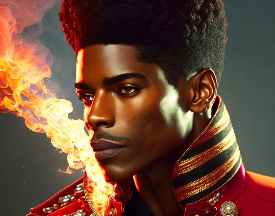 Man with Afro and Sharp Features in Red Jacket with Flames