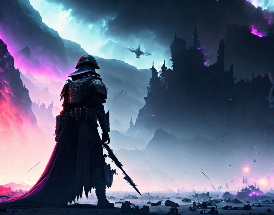 Futuristic warrior on dystopian battlefield under purple sky