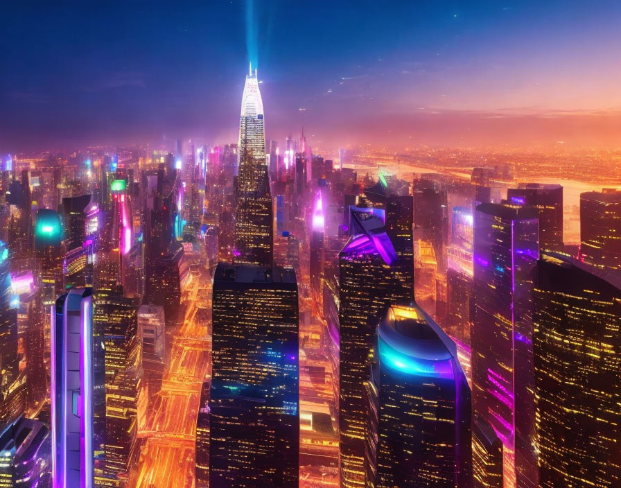 Futuristic cityscape at dusk with neon-lit skyscrapers