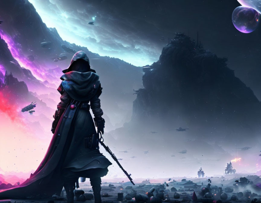 Cloaked figure observing sci-fi landscape with spaceships and castle under nebula sky