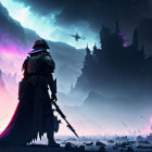 Cloaked figure observing sci-fi landscape with spaceships and castle under nebula sky