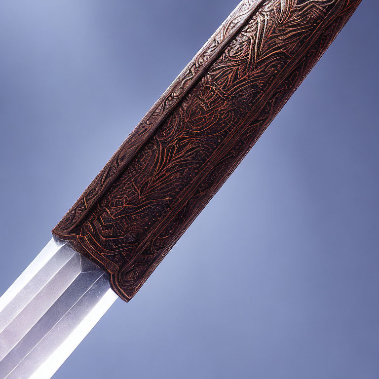 Detailed close-up of ornate sword with embossed leather scabbard on gradient backdrop