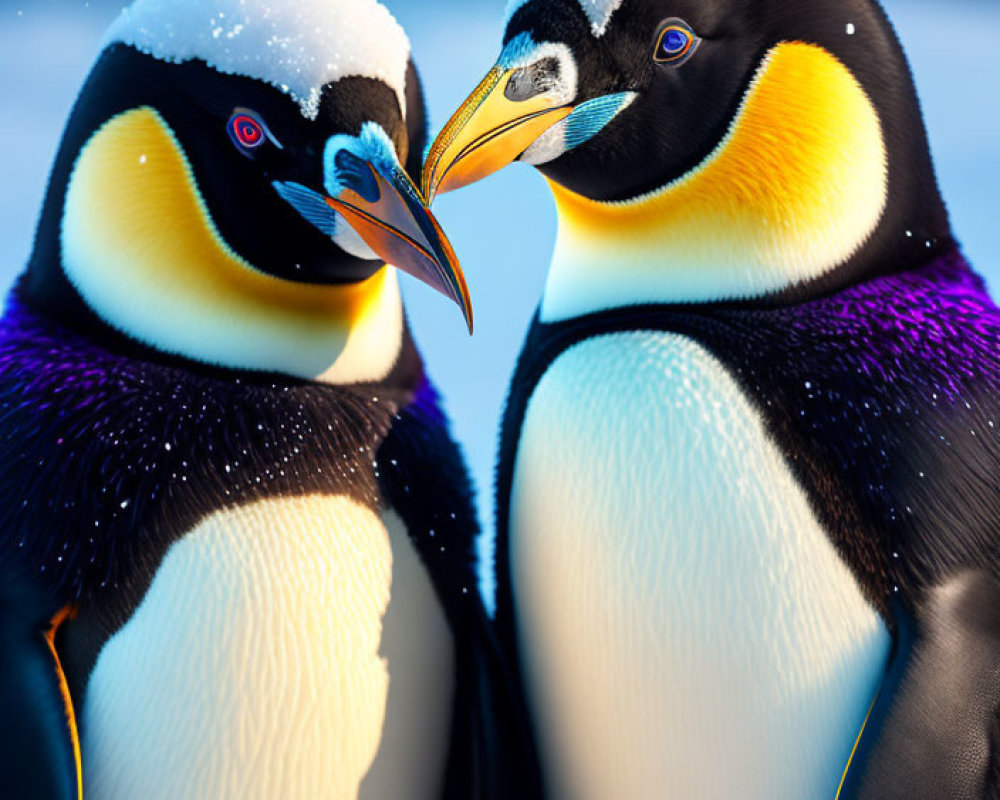 Emperor Penguins Touching Beaks in Snowy Setting