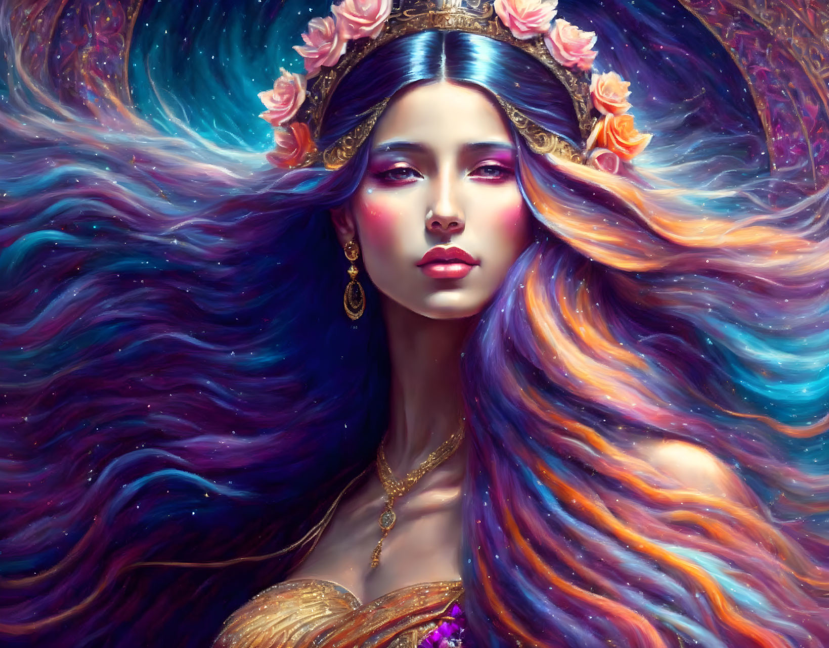 Fantasy artwork: Woman with vibrant flowing hair and floral crown