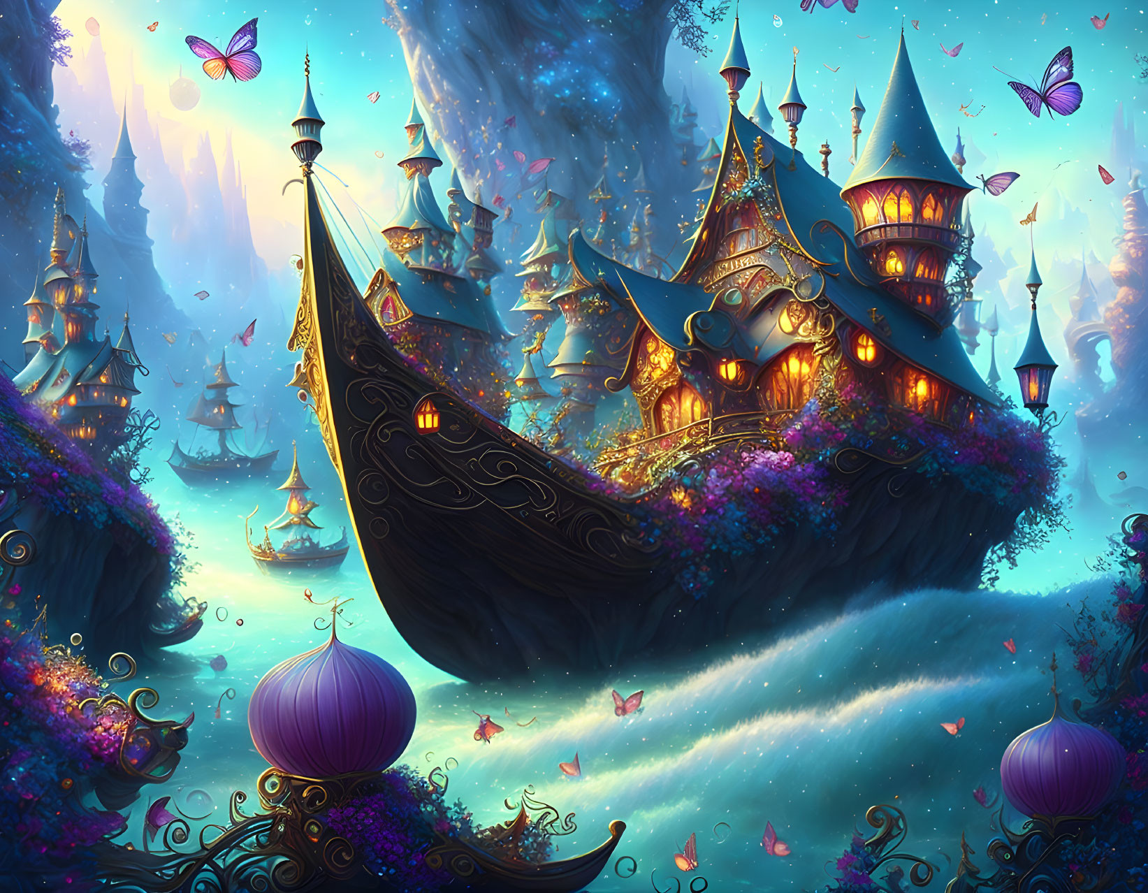 Fantasy landscape with illuminated castle, lush hill, vibrant flora, lanterns, butterflies, twilight sky