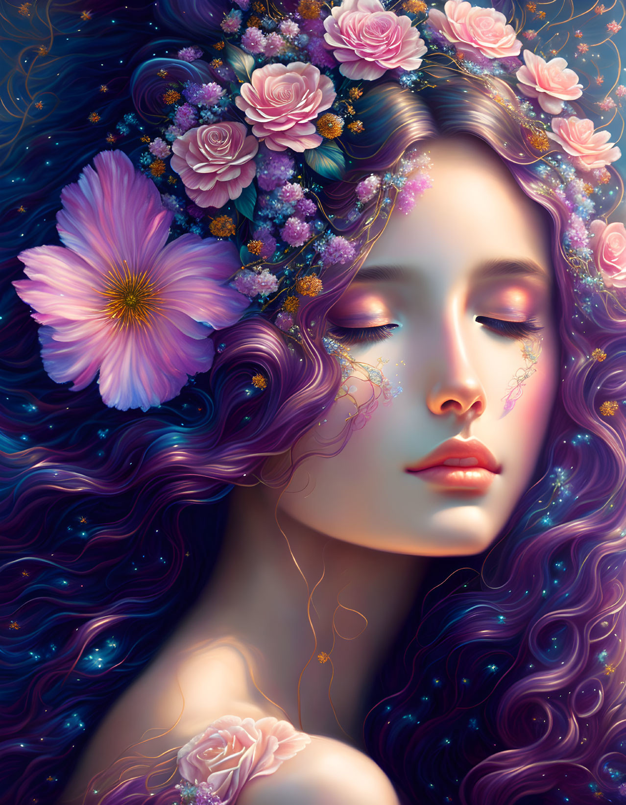 Woman with flowing purple hair and floral wreath exudes serene aura