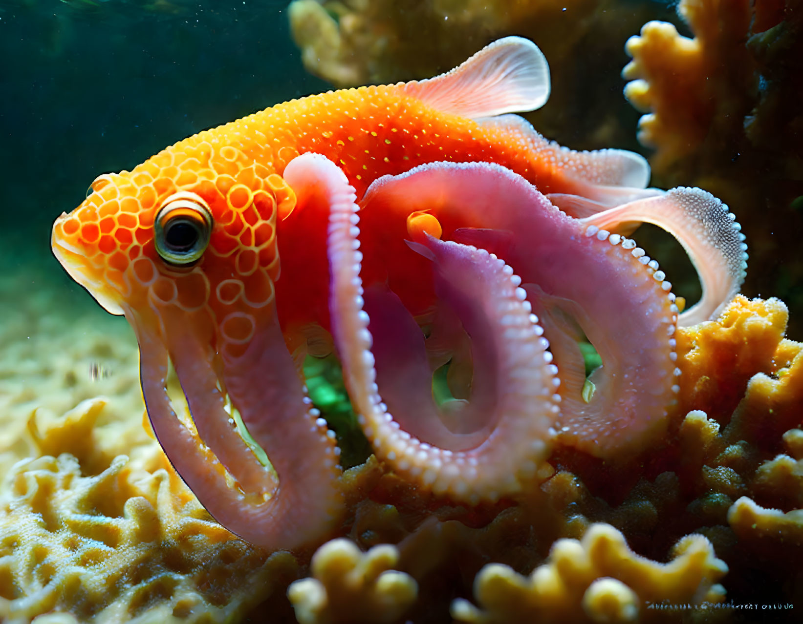 Colorful orange fish with white spots on yellow coral in underwater scene