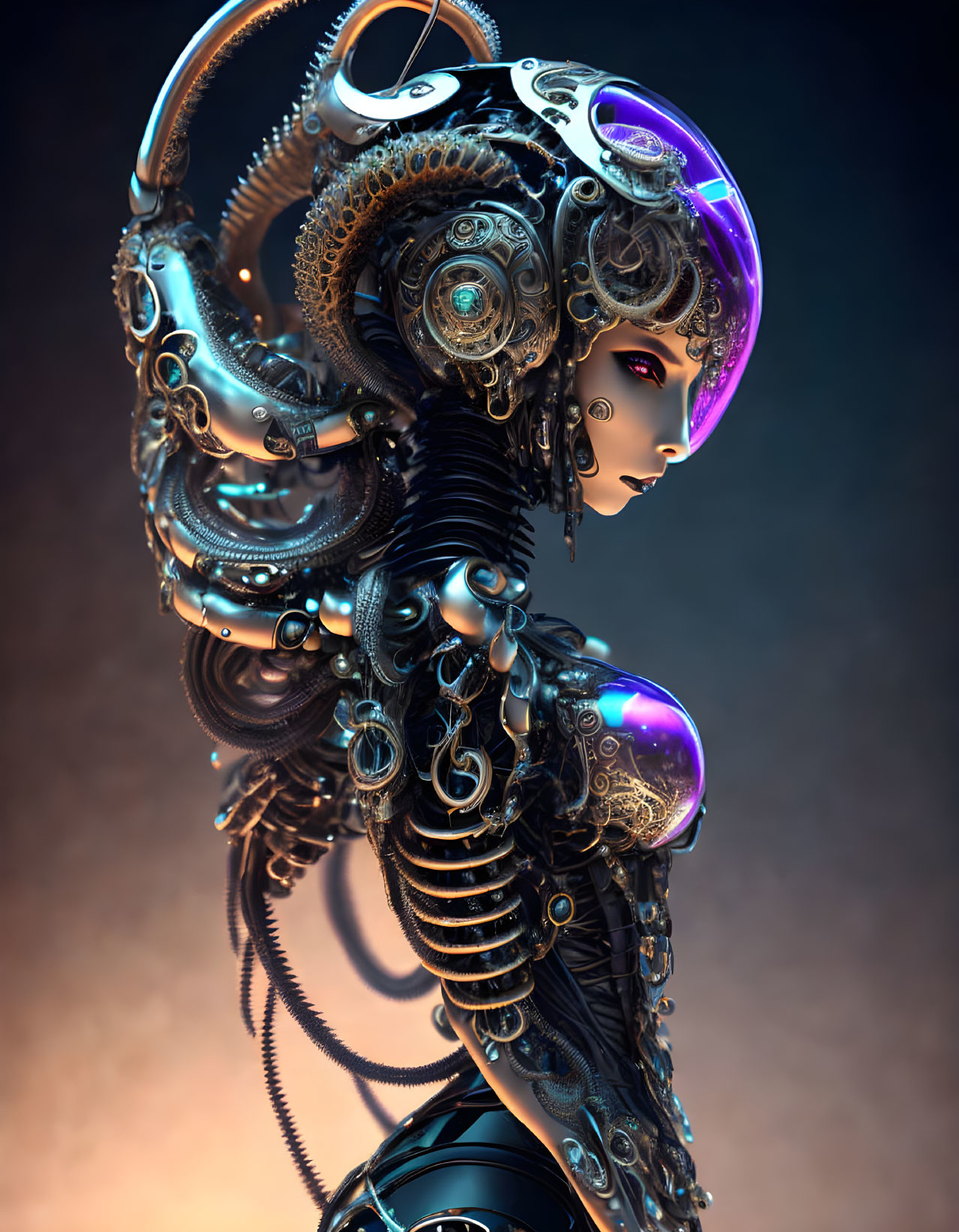 Futuristic robot with human-like face and glowing purple elements