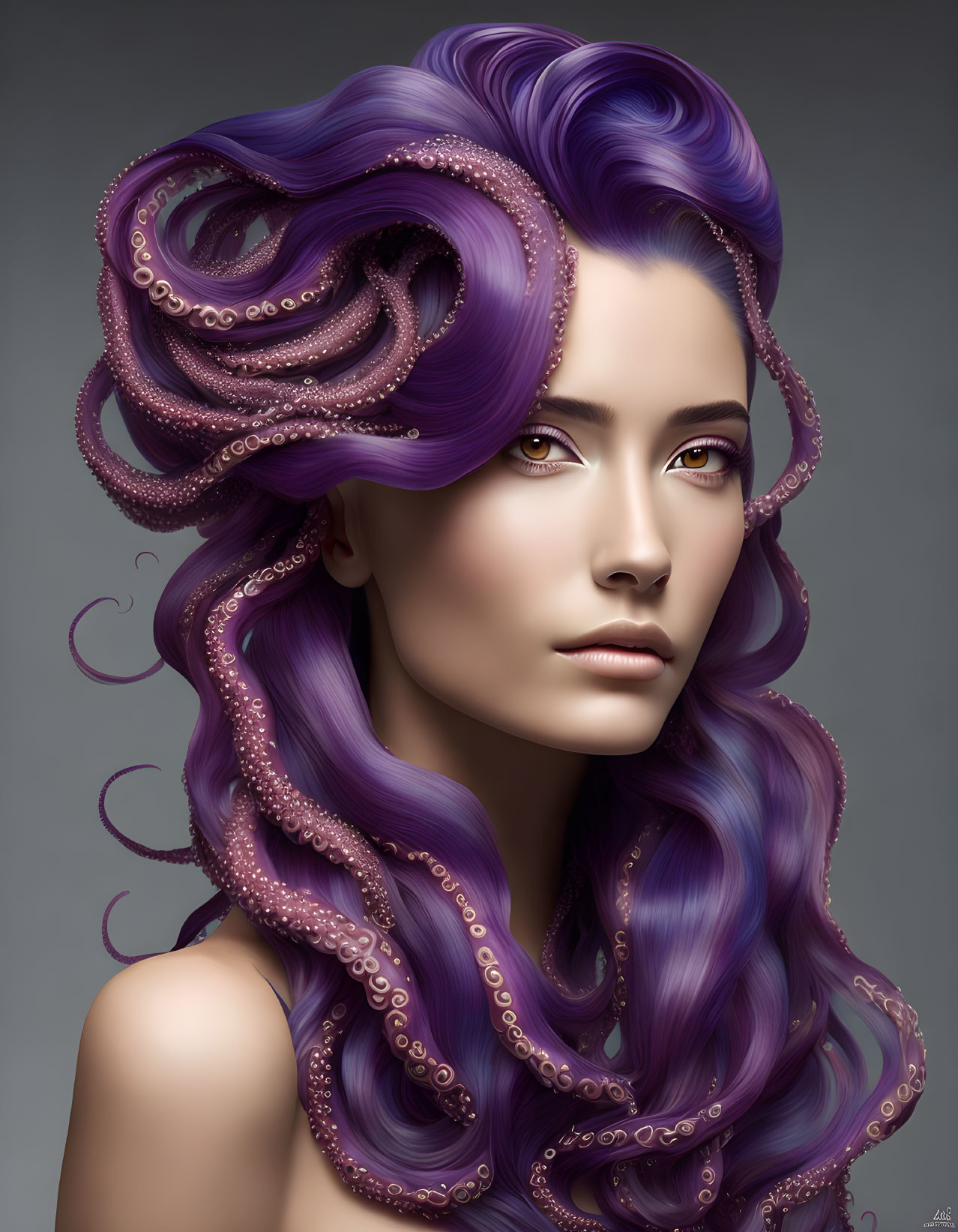 Digital Artwork: Woman with Purple Octopus Tentacle Hair