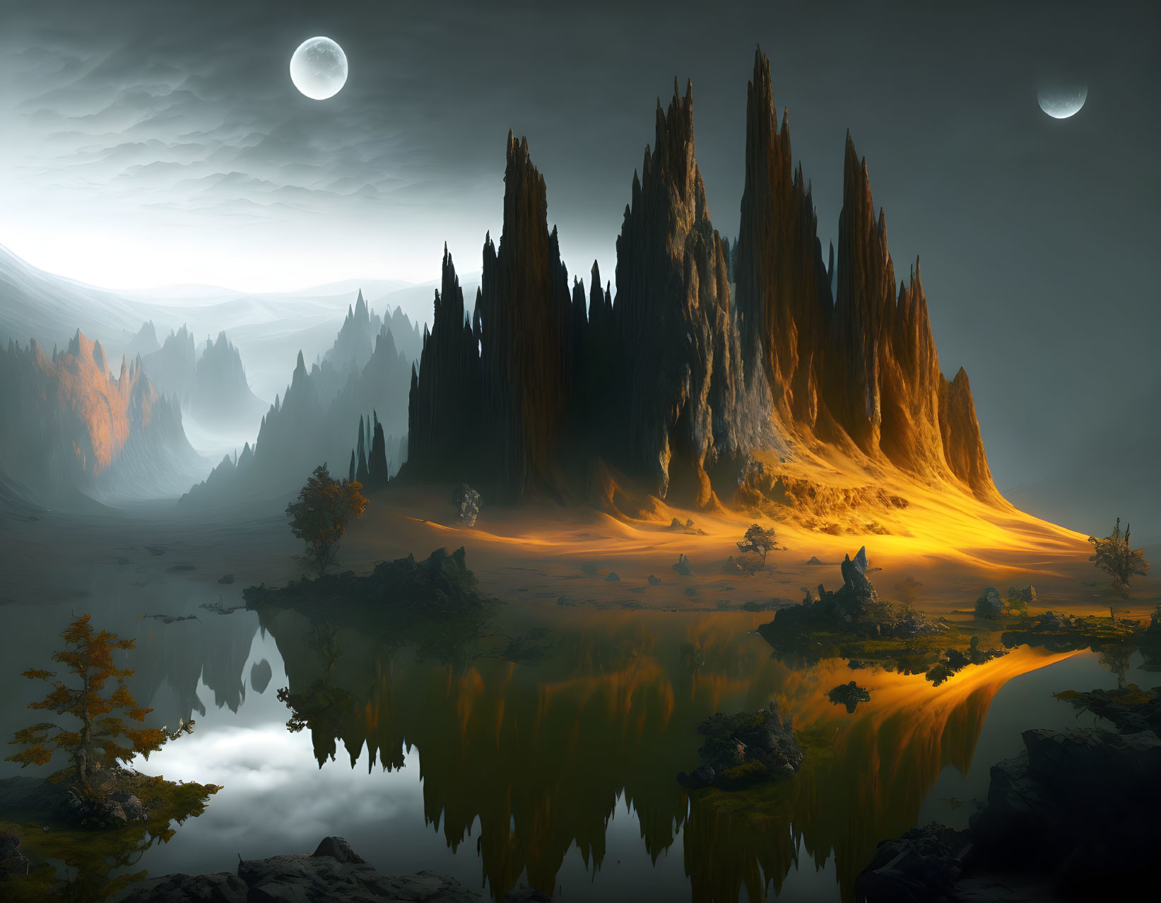 Surreal night landscape with spiky rocks, reflective lake, trees, and two moons