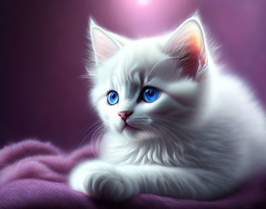 Fluffy white kitten with blue eyes on purple blanket