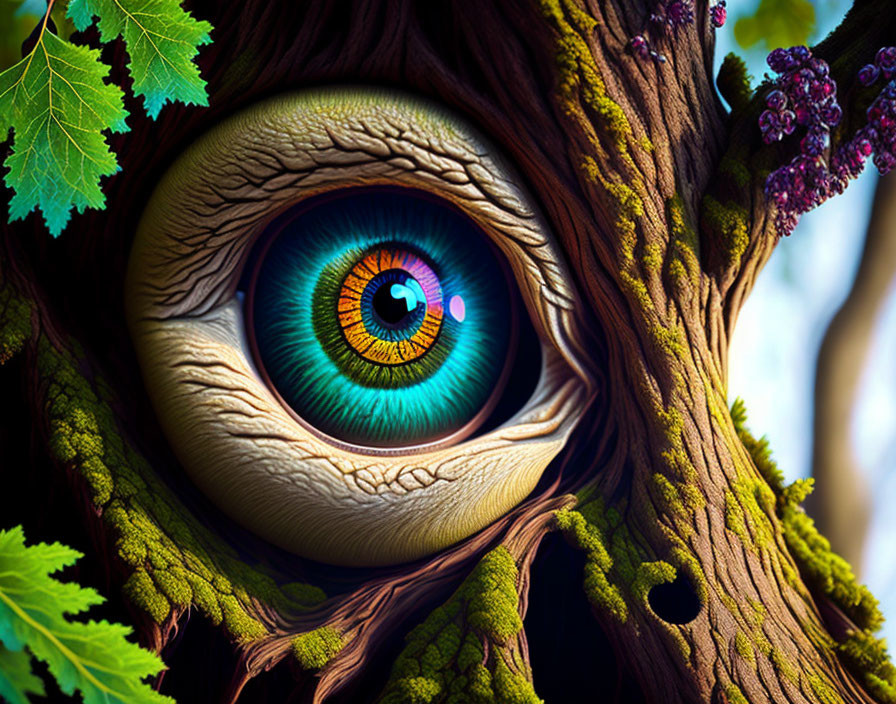 Surreal image: tree trunk with human eye, green leaves, grapes