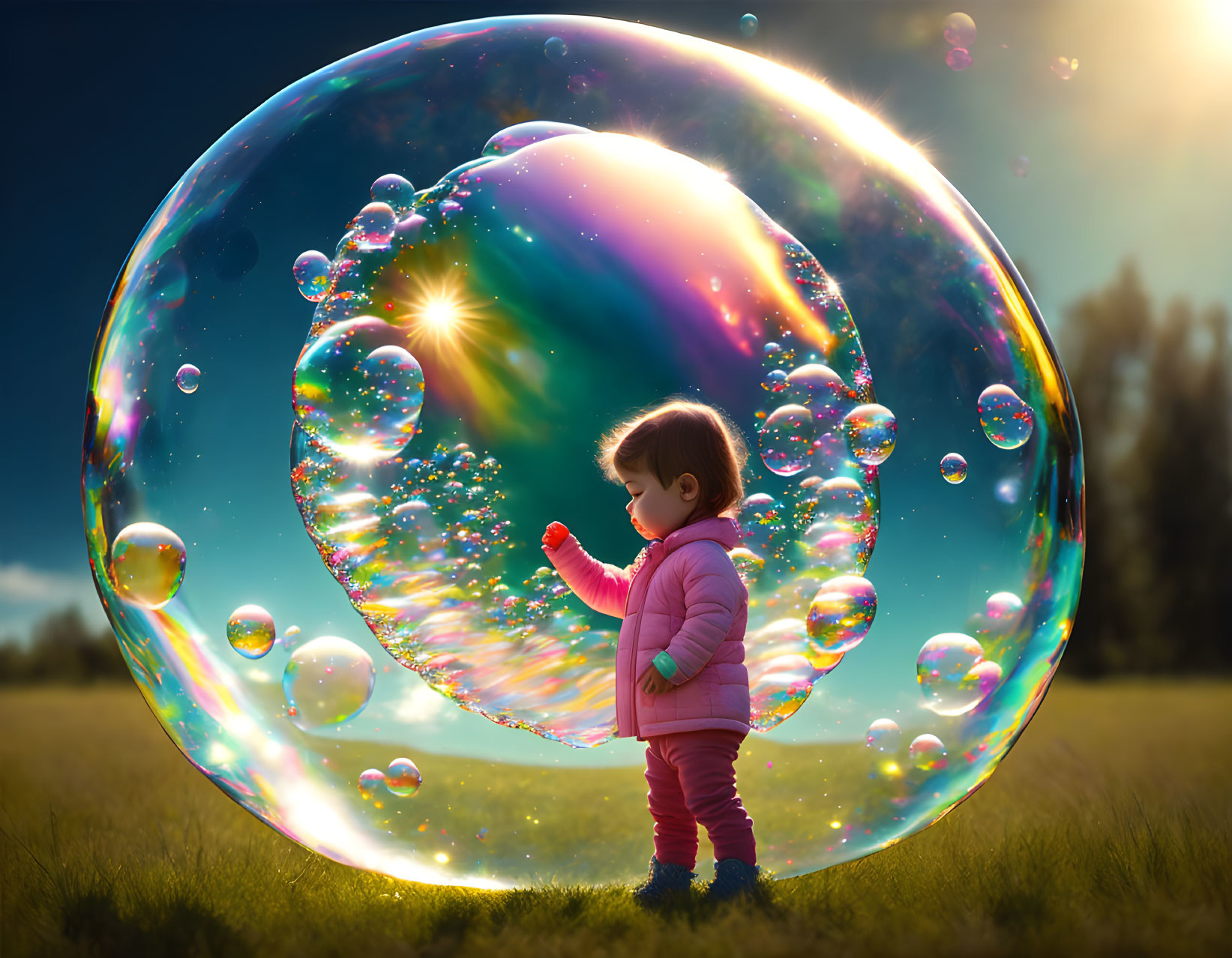 Toddler in Pink Jacket Touching Iridescent Bubble Outdoors