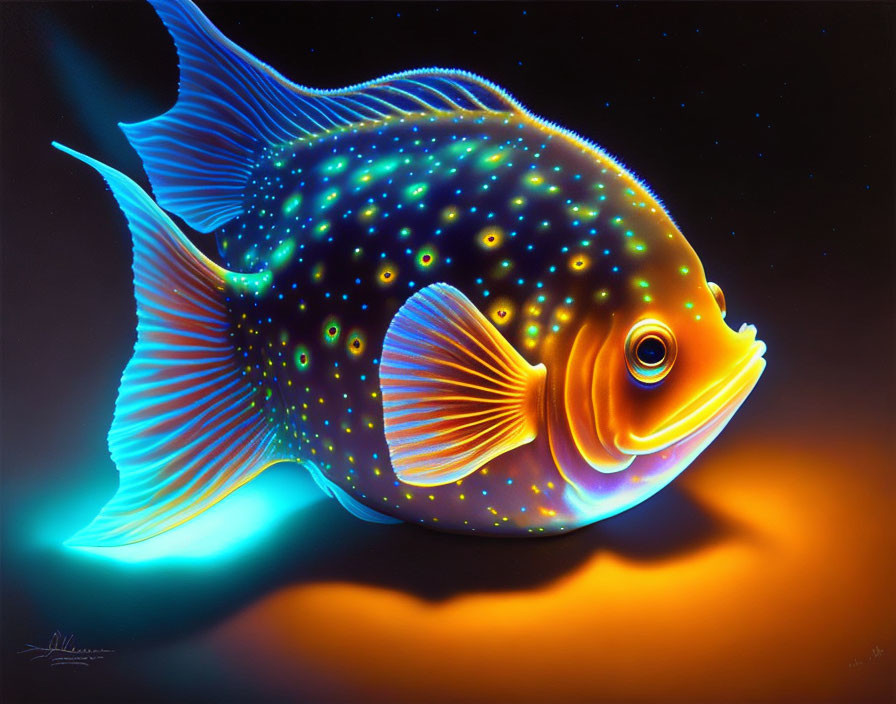 Colorful Tropical Fish Illustration with Blue Dots and Fins on Dark Background