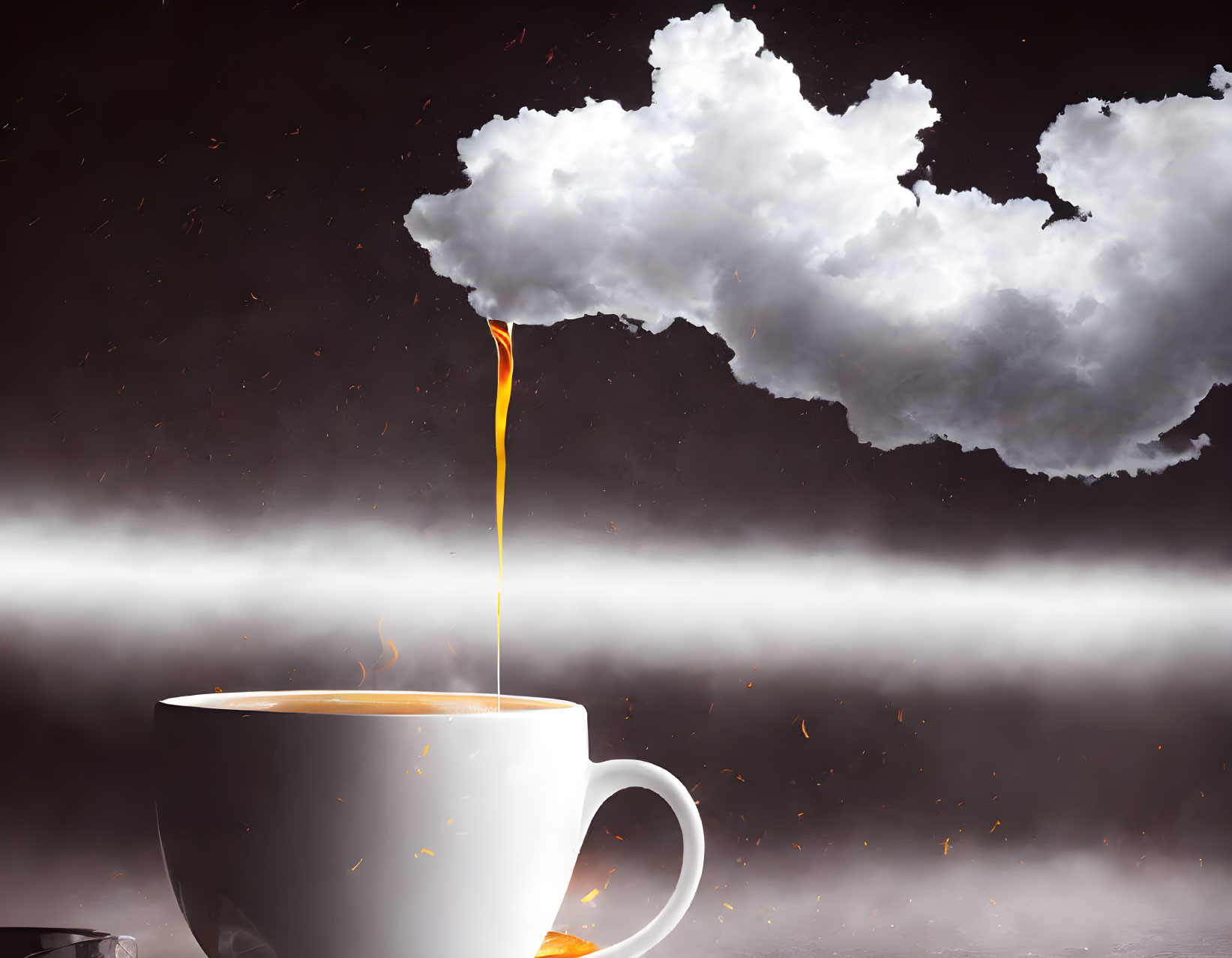 Coffee cup with artistic steam plume and pouring coffee surrounded by floating embers