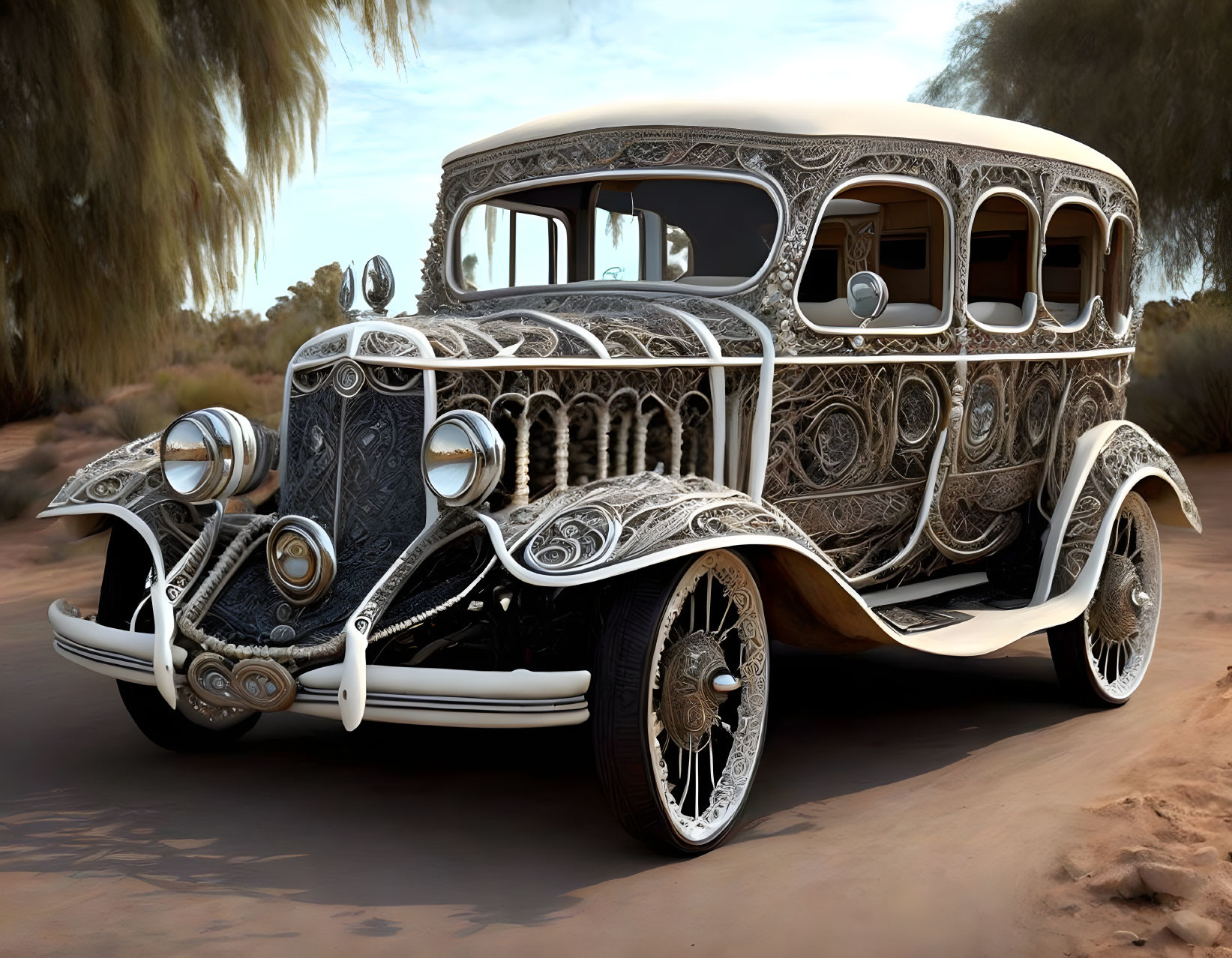 Vintage Car with Intricate Ornate Designs on Desert Road