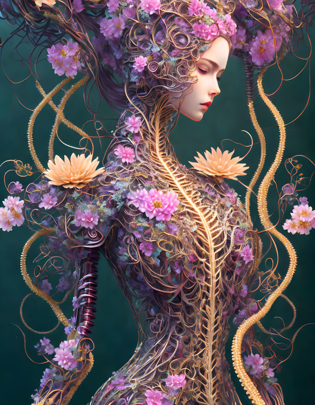 Ethereal figure with floral and vine motifs in serene expression