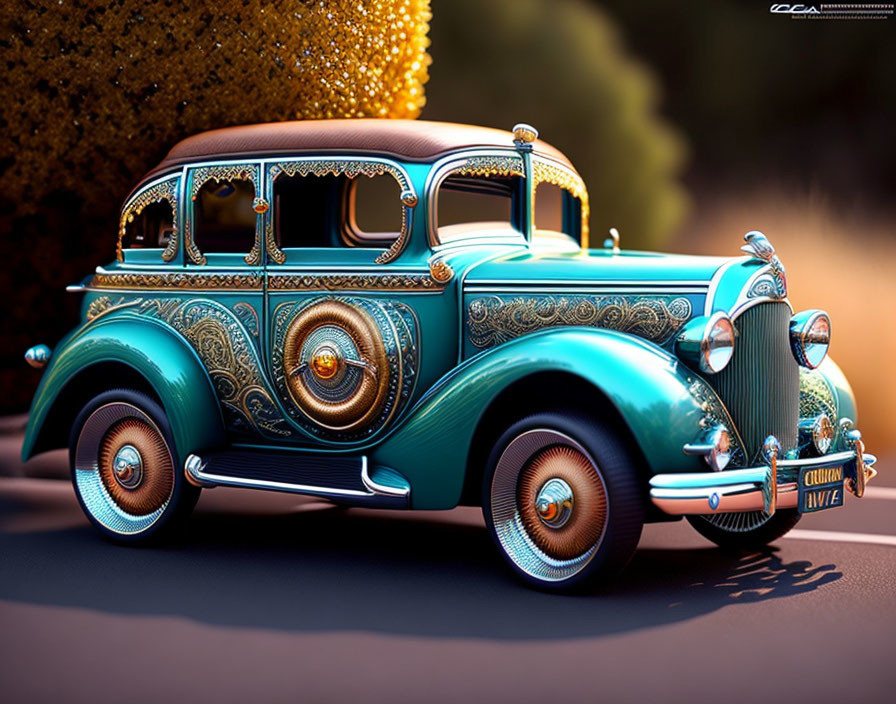 Vintage Car with Teal and Gold Designs on White-Wall Tires