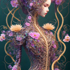 Ethereal figure with floral and vine motifs in serene expression