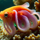 Colorful orange fish with white spots on yellow coral in underwater scene