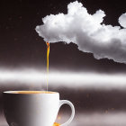 Coffee cup with artistic steam plume and pouring coffee surrounded by floating embers