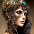 Fantasy portrait of a woman with long, wavy hair and steampunk headgear