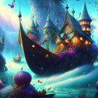 Fantasy landscape with illuminated castle, lush hill, vibrant flora, lanterns, butterflies, twilight sky