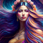 Fantasy artwork: Woman with vibrant flowing hair and floral crown