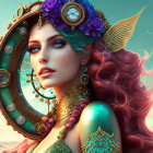 Fantasy portrait of woman with vibrant purple hair and steampunk accessories