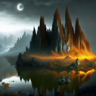 Surreal night landscape with spiky rocks, reflective lake, trees, and two moons