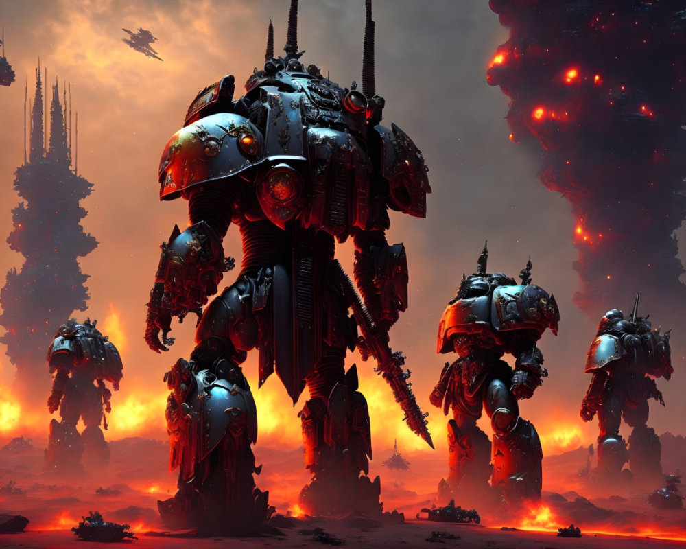 Dystopian landscape with colossal armed robots and fiery sky