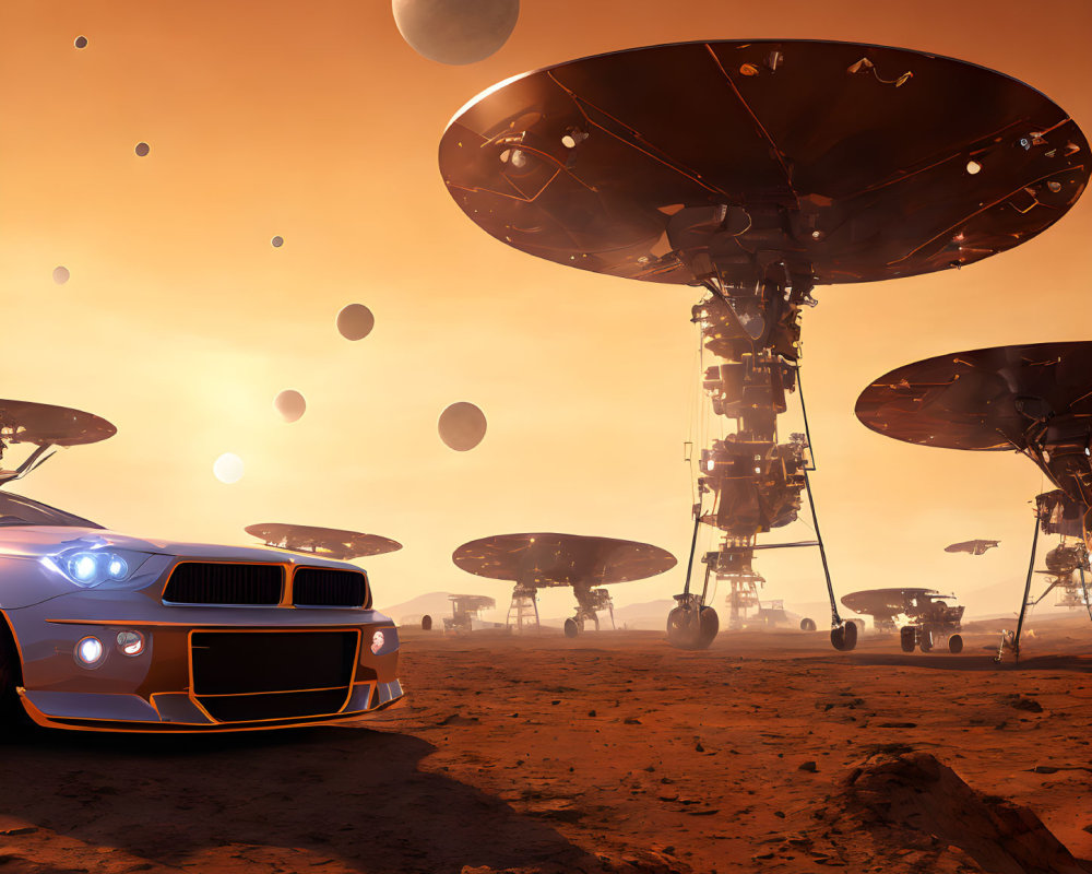 Futuristic car on alien planet with floating structures & multiple moons