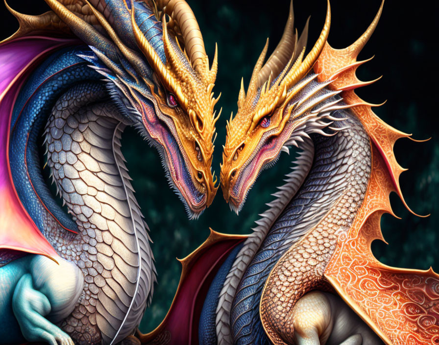 Intricately detailed blue and red dragons with golden horns intertwine on dark background