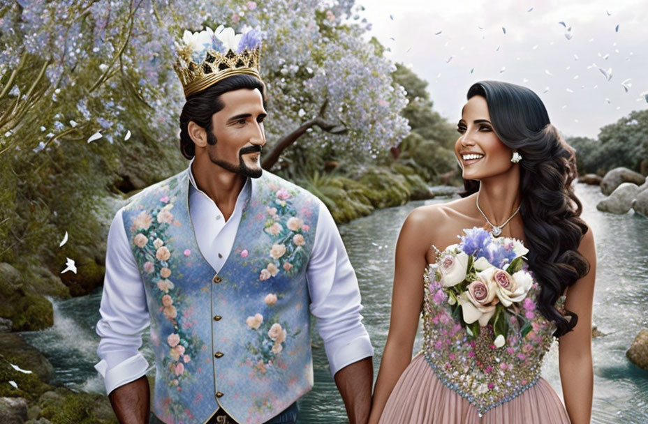 Stylized illustration of royal couple by serene river