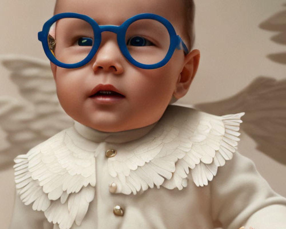 Baby in blue glasses holds doll with flower headband